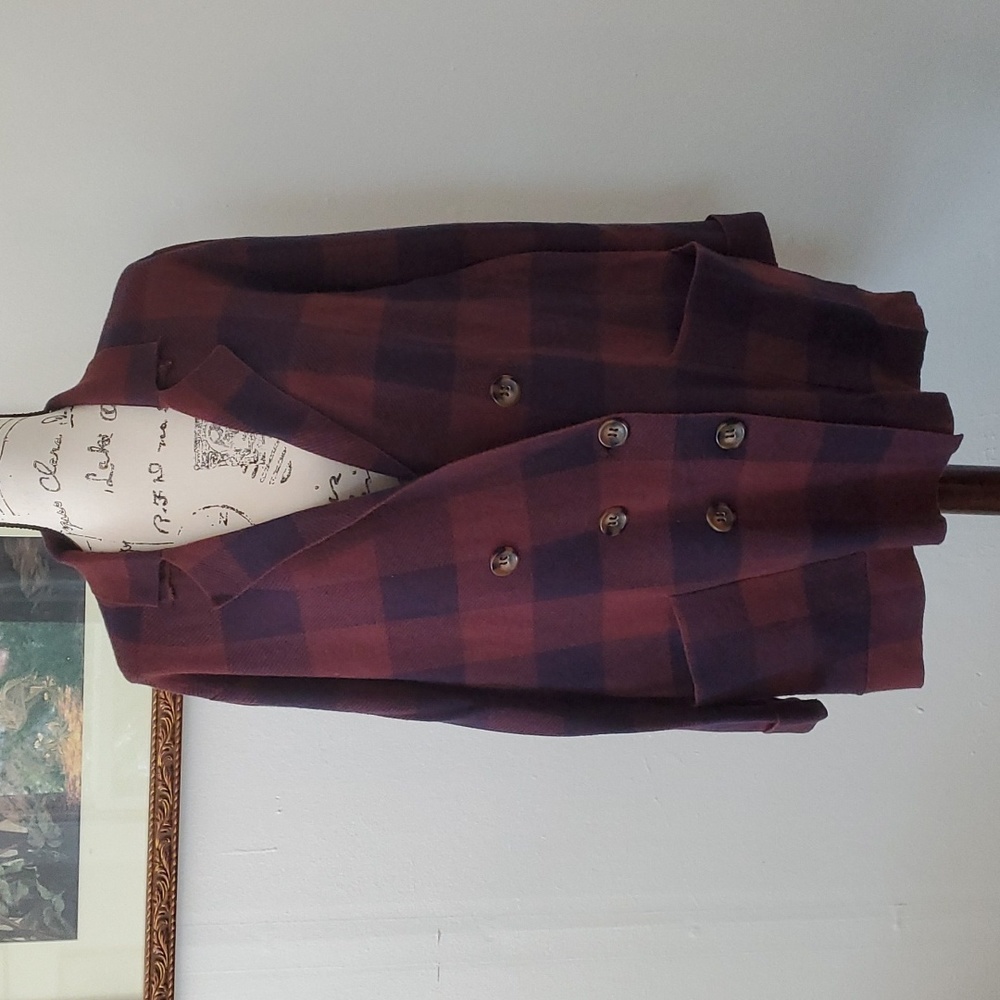 Double breasted plaid sweater blazer
